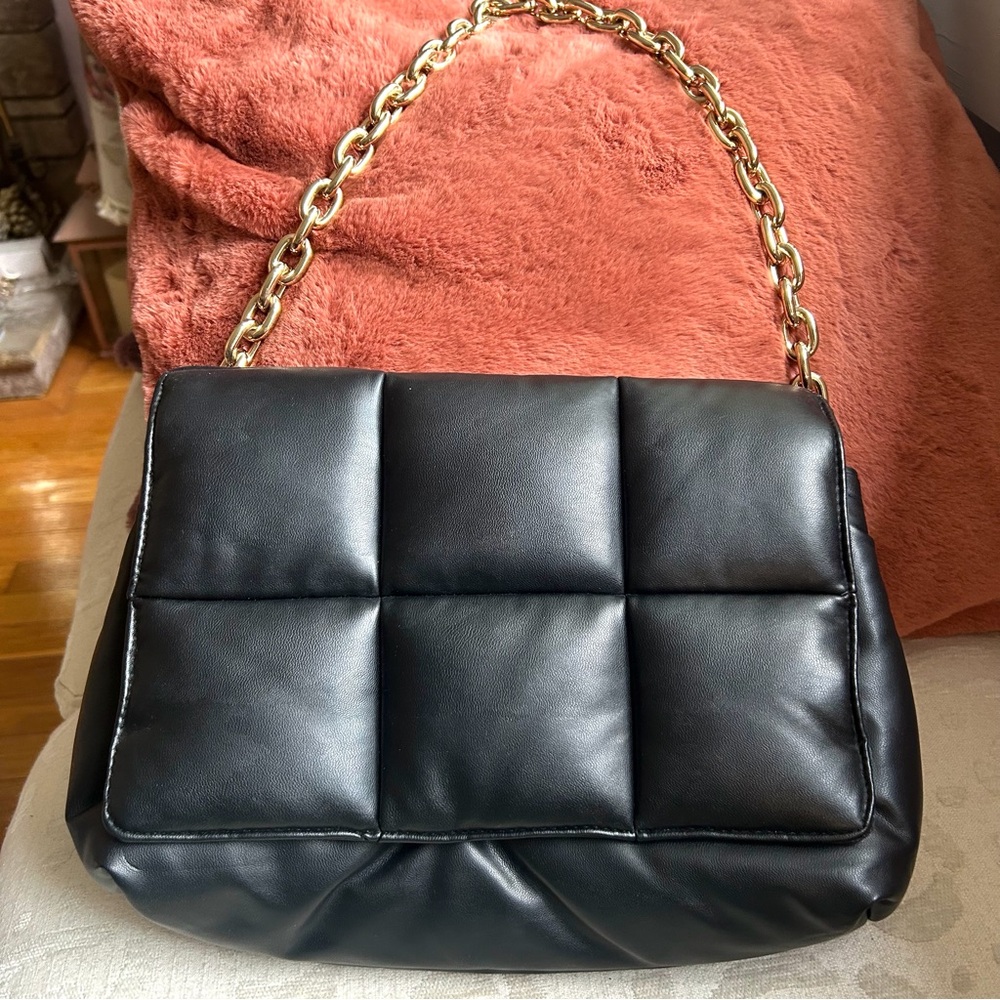Black Quilted Shoulder Bag with Gold Chain Strap